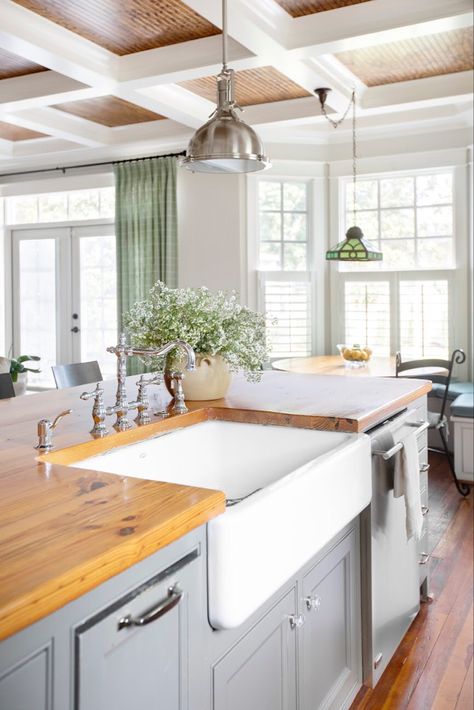 Farmers Sink Kitchen Island, Butcher Block Island With Farmhouse Sink, Blue Island With Butcher Block Top, Butcher Block Kitchen Island With Sink, Kitchen Island With Apron Sink, Apron Sink In Island, Wood Island With Sink, Farm Sink In Island, Butcher Block Island With Sink