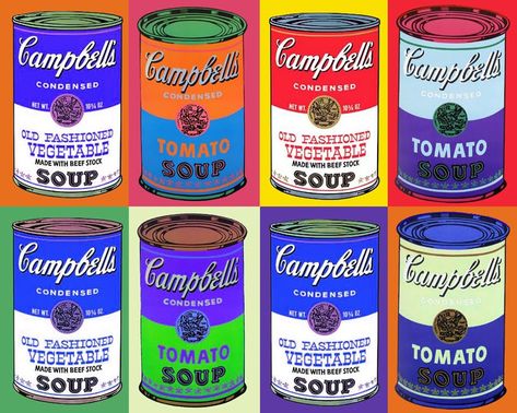 Warhol, Campbell's soup. Silkscreen print easily done for mass production to make popart excess-able to everyone. Andy Warhol Soup Cans, Pop Art Andy Warhol, Warhol Paintings, Art Andy Warhol, Campbell's Soup Cans, Richard Hamilton, Andy Warhol Pop Art, Andy Warhol Art, Warhol Art