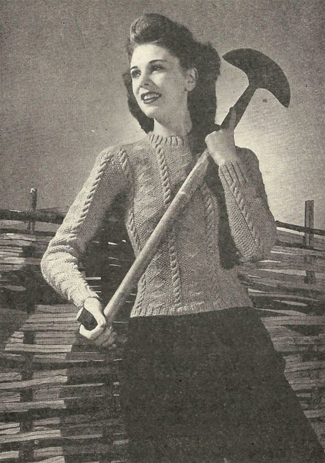 Free 1940s Knitting Pattern: Ladies Cable Pullover | Renée And The Cat's Meow Free Vintage Patterns, Vintage Housewife, Land Girls, Knitting Paterns, Pullover Pattern, Big Shoulders, Vintage Jumper, Vintage Knitting Patterns, Beauty Dress