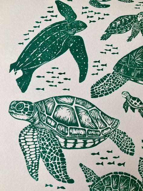 Turtle Drawing, Green Sea Turtle, Arte Inspo, Green Sea, Sea Turtles, Lino Print, Sketchbook Art Inspiration, Linocut Prints, Tahiti