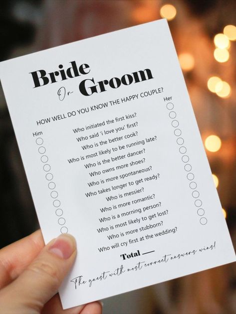 White A6 postcard size Bride or Groom Hen party/ bridal shower game card. Shown being held with fairy lights in the background Black And White Cards, White Hen, Hen Party Games, He Said She Said, White Cards, White Bride, Game Card, Hen Do, First Kiss