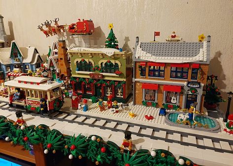 More LEGO Winter Village Dioramas & Display Ideas Lego Holiday Village Display Ideas, Lego Christmas Village Display Ideas Diy, Lego Village Display, Christmas Lego Display, Lego Holiday Village, Lego Village Ideas, Lego Christmas Village Display Ideas, Lego Winter Village Ideas, Lego Winter Village Display