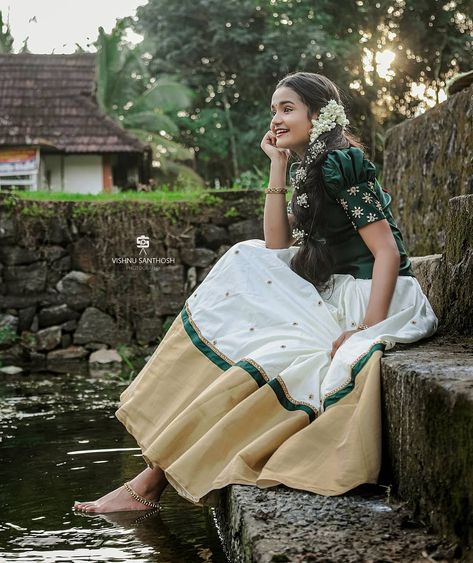 Anunaya Anoop on Instagram: “Happy onam 🏵️ . . . PC :- @_viishnu_santhosh Mua:- @makeover_by_daniya_ Assistant :- @__michael__angel__ _ Costume:-…” Pattupavada For Women, Kerala Traditional Dress, Long Skirt Top Designs, Kerala Saree Blouse, Green Silk Blouse, Onam Outfits, Kerala Saree Blouse Designs, Wild Jasmine, Kids Lehenga Choli