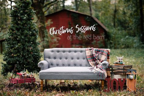 Christmas Couch Photoshoot, Christmas Mini Sessions Outdoor, Outdoor Mantel, Outdoor Christmas Photos, Tree Farm Photo Shoot, Santa Mini Session, Christmas Fashion Photography, Christmas Mini Shoot, Photo Backdrop Christmas