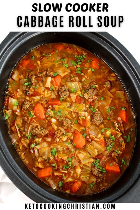 This Slow Cooker Cabbage Roll Soup is the ultimate comfort food, combining tender cabbage and hearty ground beef, simmered to perfection in a rich and flavorful broth. #cabbagesoup #cabbagerollsoup #lowcarbsoup Slow Cooker Unstuffed Cabbage Roll Soup, Unrolled Cabbage Soup, Slow Cooker Cabbage Recipes, Cabbage And Beef Soup, Slow Cooker Cabbage Soup, Cabbage Soup Slow Cooker, Crockpot Cabbage Roll Soup, Stuffed Cabbage Soup, Slow Cooker Cabbage