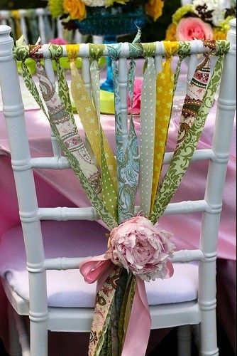 Chair with Ribbon Hantverk Diy, Hippie Party, Tea Party Bridal Shower, Bridal Shower Tea, Scrap Fabric, Chair Decorations, Wedding Chairs, Party Inspiration, Future Wedding