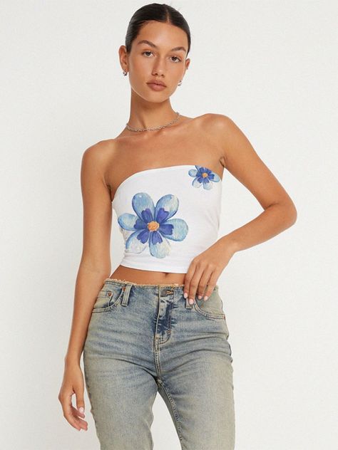 Women's printed tube top, Blue / M Purple Tops Aesthetic, Trendy T Shirts For Women, Tube Top Aesthetic, Tøp Aesthetic, School Fit, Y2k Era, Welcome Summer, Masquerade Costumes, Stick Figure