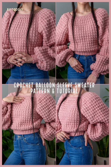 This stylish Crochet garment is the perfect way to stay comfy and fashionable all season long! With this easy to follow pattern, you can make your own unique fashion statement with this grandiose, hand made garment. So, if you’re looking for a cute and cozy project, just click for the pattern! #crochet #crochetpattern #crochettutorial Crochet Balloon Sleeve, Balloon Sleeves Pattern, Crochet Balloon, Trendy Balloons, Sweater Tutorial, Balloon Sleeve Sweater, Stylish Crochet, Crochet Butterfly, Garment Pattern