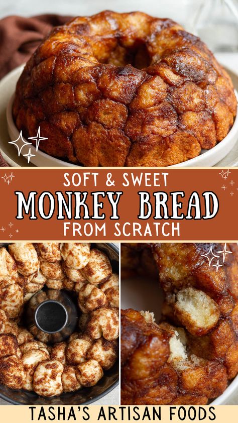 monkey bread being made and served with text overlay that reads soft and sweet monkey bread from scratch Monkey Bread With Bread Slices, Cinnamon Monkey Bread Recipe Pull Apart, Monkey Bread Bundt Pan, Monkey Bread Recipe With Cinnamon Rolls, Sticky Monkey Bread, Christmas Morning Monkey Bread, Homemade Monkey Bread From Scratch, Monkey Bread Muffins Easy, Healthy Monkey Bread Recipe