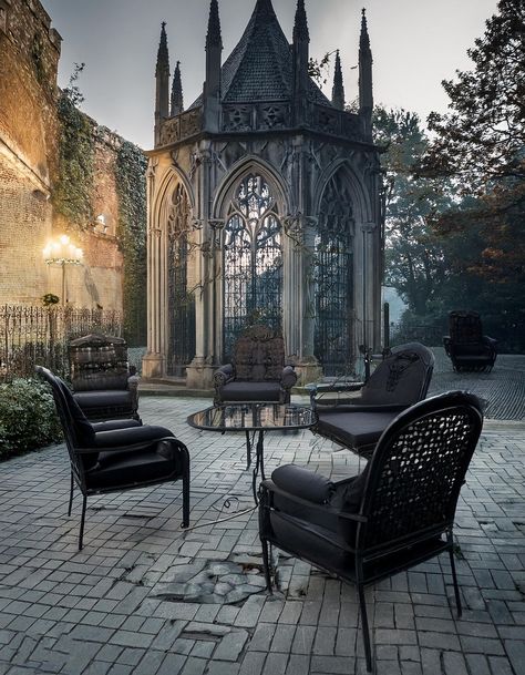 Gothic Furniture Gothic Patio, Victorian Glasshouse, Gothic Architecture Interior, Office Layout Ideas, Furniture Anchors, Patio Decor Ideas, Mirror Dining Room, Dark Color Palette, Gothic Castle