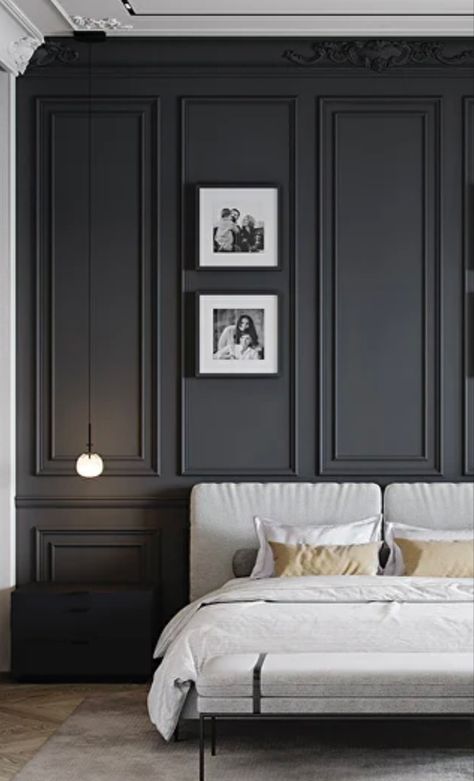 Black Wall Paneling Bedroom, Black Panelling Bedroom, Black Panel Bedroom, Wall Paneling Diy, Neoclassical Interior, Hotel Room Design, Black Bedroom, Bedroom Panel, Wall Molding