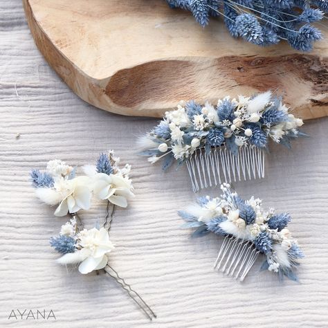 Wedding Hair Blue Flowers, Dusty Blue Boho Wedding, Dusty Blue Flowers, Butterfly Wedding Theme, Wedding By The Sea, Baby Blue Weddings, Modest Bridal, Madison Wedding, Light Blue Wedding