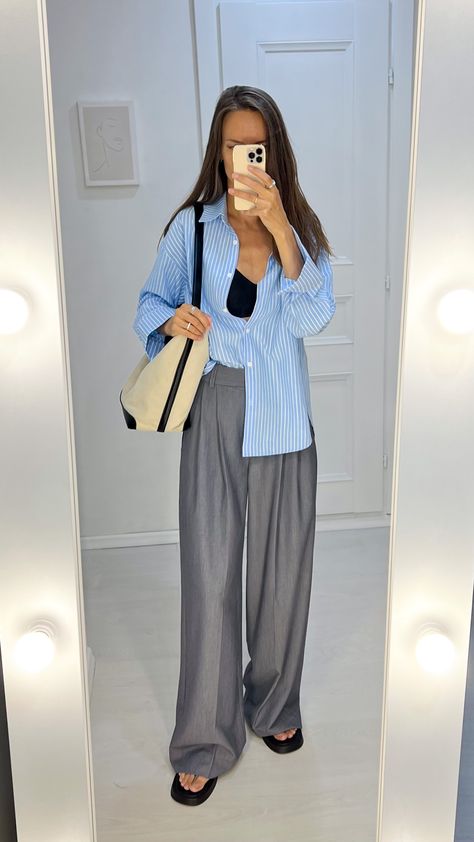 Grey Palazzo Outfit, Grey Palazzo Pants Outfit, Pleated Pants Outfit, Palazzo Outfit, Grey Pants Outfit, Palazzo Pants Outfit, Blue Striped Shirt, Pleated Pants, Casual Summer Outfit