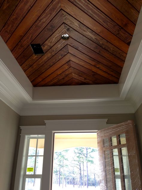 Foyer~Penny Width Pine Paneling~Tongue & Groove Ceiling Wooden Ceiling Design, Tongue And Groove Ceiling, Porch Ceiling, Christmas House Lights, Wooden Ceiling, Wood Scraps, Wood Ceiling, Foyer Decorating, Wooden Ceilings