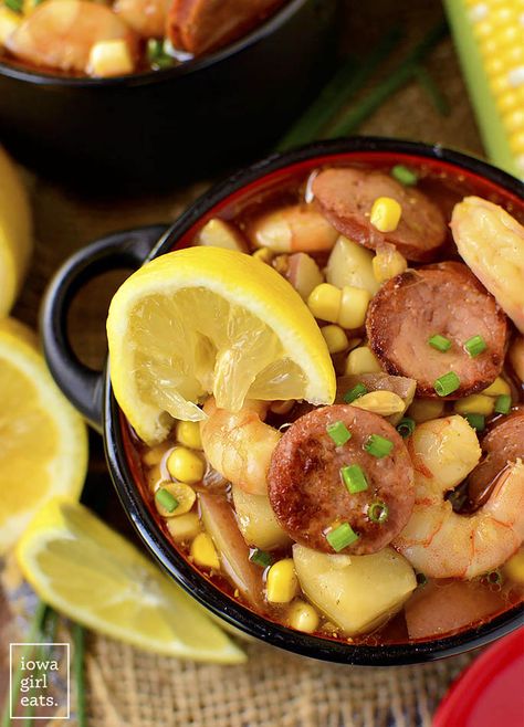 Shrimp Boil Soup has all the flavor of a low-country boil but is made right on the stove top. This quick cooking, gluten-free soup recipe is spicy, savory, and so satisfying. | iowagirleats.com Recipes Stove Top, Corn And Sausage, Gluten Free Soup Recipes Glutenfree, Shrimp Corn, Seafood Stew, Iowa Girl Eats, Easy Seafood, Shrimp Boil, Seafood Soup