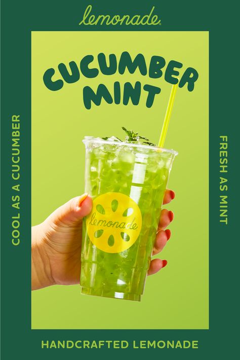 Freshly juiced cucumber, fresh sprigs of mint and classic lemonade come together to create our fan-favorite Cucumber Mint Lemonade, our version of a green juice 🥒🌿 Follow the link to order! Juice Shots Aesthetic, Fresh Juice Photography, Lemonade Menu, Juice Advertisement, Cucumber Mint Lemonade, Drink Poster Design, Classic Lemonade, Cucumber Lemonade, Juice Menu