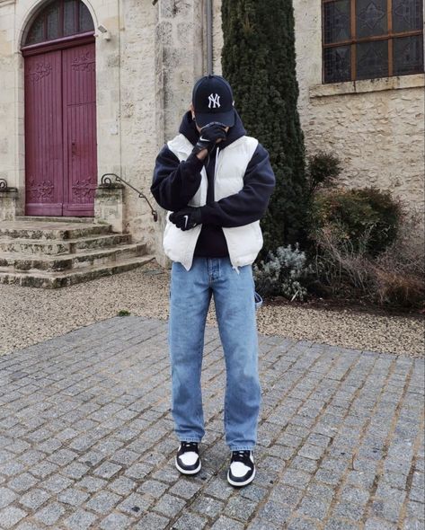 Jeans And Dunks Outfit Man, Blue Jeans Streetwear Men, Blue Puffer Vest Outfit Men, Baggy Jeans Outfit Men Streetwear, Baggy Jeans Outfit Men Mens Fashion, Puffer Vest Men Outfit, Baggy Blue Jeans Outfit Men, Blue Puffer Jacket Outfit Men, Men Vest Outfits Casual Street Styles