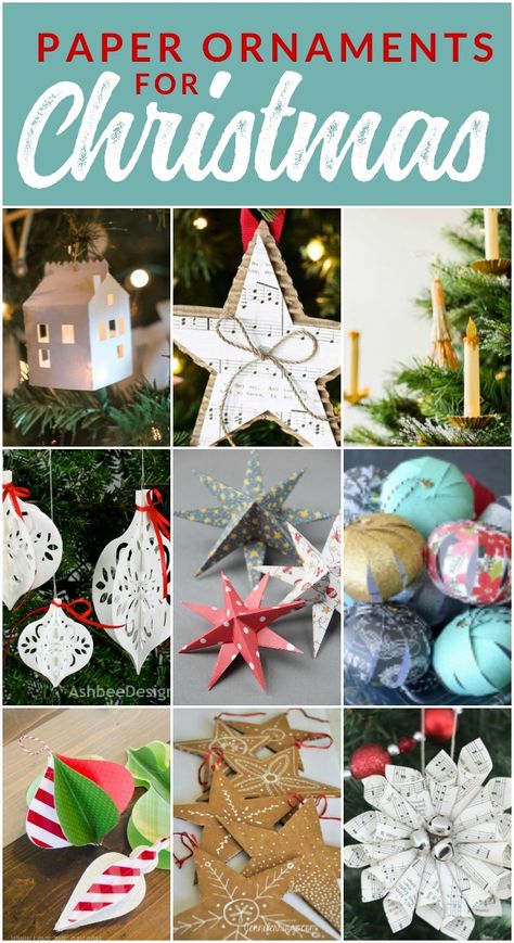 Trim the Tree with these Crafty Paper Christmas Ornaments - The Crazy Craft Lady Paper Folding Christmas Ornaments, Scrapbook Paper Christmas Ornaments, Cricut Paper Christmas Projects, Paper Craft Ornaments, Christmas Paper Crafts To Sell, Easy Paper Christmas Decorations, Creative Christmas Wrapping Ideas, Book Upcycle, Holiday Paper Crafts