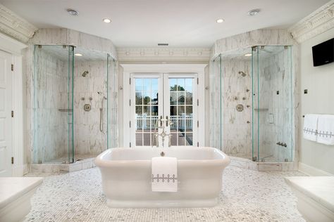 Luxury bathroom with center tub and his and her showers with carrara marble Marble Bathroom Designs, Luxury Bathroom Tiles, Small Bathroom Tiles, French Country Bathroom, Modern Bathroom Tile, Shabby Chic Bathroom, Greenwich Ct, Spa Design, Chic Bathrooms