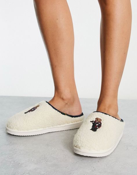 Polo Bear Slippers, Polo Ralph Lauren Slippers, Polo Slippers, Ralph Lauren Slippers, Teddy Embroidery, Costal Granddaughter, Nyc Winter, Bear Slippers, Shoe Technology