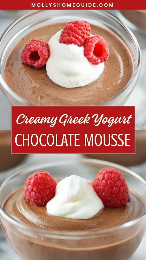 Indulge in a guilt-free treat with this luscious Greek yogurt chocolate mousse recipe. Creamy and rich, this dessert is a perfect balance between decadence and healthiness. The smooth texture of Greek yogurt combined with the richness of dark chocolate creates a delightful flavor that will satisfy your sweet tooth cravings without all the guilt. Chocolate Mousse With Greek Yogurt, Easy Recipes With Yogurt, Healthy Recipes Easy Dessert, Mediterranean Diet Desserts Sweets, Greek Yogurt Pudding Recipes, Healthy Mousse Recipes, Healthy Sweet Desserts, Greek Yogurt Dessert Healthy, Healthy Greek Yogurt Recipes