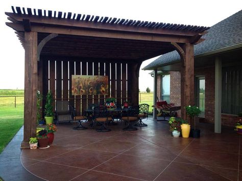 Red Rock Landscape & Design, LLC 20x20 pergola, wind break wall with scored and stained concrete. Pergola Decorations, Break Ideas, Break Wall, Dream Patio, Wind Break, Building A Pergola, Pergola Attached To House, Pergola Canopy, Backyard Pergola