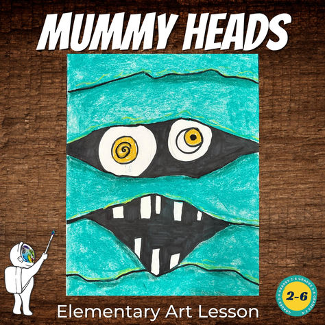 So colorful, so fun and so easy to teach! Check out this Elementary Art Lesson today! 3d Art For Elementary Students, Mummy Eyes Art, Halloween Arts And Crafts For 4th Graders, Mummy Eyes Art Project, Halloween Art 1st Grade, Cute Art Projects For Kids, 2nd Grade Halloween Art Projects, Ghost Art Projects For Kids, Halloween Art Lessons Elementary