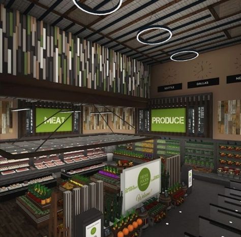 Grocery store, shopping center[Gamepass needed] The biggest shopping center I've ever seen. ™️ Bloxburg Grocery Store Ideas, Bloxburg House Builds, Organic Grocery Store, Modern Mansions, Grocery Store Shopping, Roblox Bloxburg House Ideas, Bloxburg Builds, House Decorating Ideas Apartments, City Layout