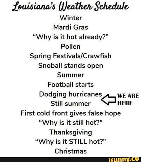 iWWw/B alcai'thdwdcdo Winter Mardi Gras “Why is it hot already?" Pollen Spring Festivals/Crawﬁsh Snoball stands open Summer Football starts Dodging hurricanes WE ARE Still summer HERE First cold front gives false hope “Why is it still hot?” Thanksgiving “Why is it STILL hot?” Christmas – popular memes... #seasons #animalsnature #funny #true #louisiana #alcaithdwdcdo #winter #mardi #gras #why #hot #pollen #spring #snoball #stands #open #summer #football #starts #dodging #hurricanes #we #pic Louisiana Culture, False Hope, Hot Christmas, Funny Sports Memes, Weird Quotes Funny, Cold Front, House Cleaning, Down South, It's Hot