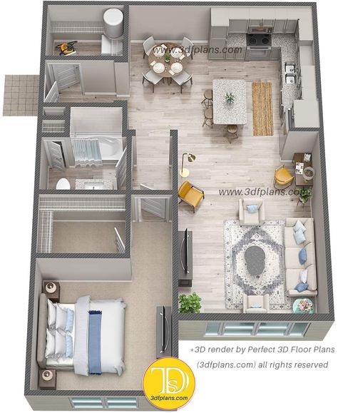 3d floor plan rendering of one bedroom luxury apartment in Florida with wood flooring 60m2 Apartment Plans, Luxury Studio Apartment Floor Plans, One Bed Apartment Floor Plan, Apartment Floor Layout, Apartment Interior Layout Plan, Condo Design Plan, 1 Bedroom Apartment Floor Plan Luxury, Condo Layout Floor Plans, One Bedroom Apartment Layout Floor Plans