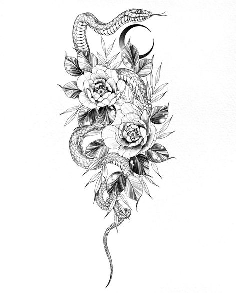 Snake And Peony Tattoo, Snake And Flowers Tattoo, Snake And Flowers, Peony Tattoo, Birthday Tattoo, Reaper Tattoo, Snake Tattoo Design, Delicate Tattoo, Peonies Tattoo