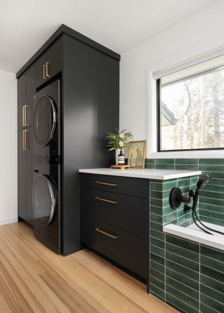 8 Impressive New Laundry Rooms Bathroom Laundry Combo, Basement Laundry Room Makeover, Washer Dryer Laundry Room, Dog Wash Station, Contemporary Laundry Room, Stacked Laundry, Stackable Laundry, Functional Laundry Room, Laundry Room Design Ideas