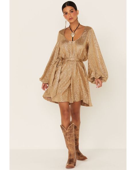 Show Me Your Mumu Womens Confetti Liv Mini Dress, Tan Dress With Cowboy Boots Wedding Guest, 70s Western Fashion, Cocktail Dress With Boots, Dresses To Wear With Cowboy Boots, Country Outfits Women, Boho Winter Outfits, Dresses With Cowboy Boots, Wedding Outfits For Women, Western Dresses For Women