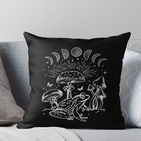 Super soft and durable 100% spun polyester Throw pillow with double-sided print. Cover and filled options. Dark Academia, Cottagecore & Goblincore aesthetic illustration of a magical frog, mushrooms, moon phases, butterflies and night sky. For anybody who loves frogs, toads, fungi, mushrooms, shrooms, mycology, astrology, psychedelic graphics, mystical stuff, witchy vibes, goblincore, nature, witchcraft, the forest, and cottage life.This Dark Academia & Cottagecore vintage style makes a cute and Frog Under Mushroom, Nature Witchcraft, Witchy Cottage, Cottagecore Goblincore, Mushroom Cottagecore, Dark Academia Cottagecore, Goblincore Aesthetic, Aesthetic Illustration, Storage Solutions Bedroom