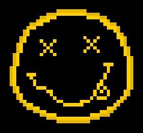 The Smiley Face logo of iconic 90’s grunge rock band “Nirvana”, now given a special 37 x 34 pixel resolution tribute. Look out for a pixelation based on Krist Novoselic soon ! Requested by: http://alduin-the-w0rld-3ater.tumblr.com/ Smiley Face Cross Stitch, Grunge Perler Beads, Band Logo Pixel Art, Band Pixel Art, Grunge Pixel Art, Pixel Art Face, Smiley Face Logo, Krist Novoselic, Rock Band Logos