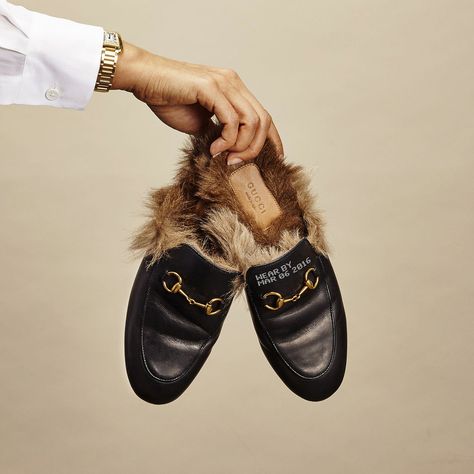 Silk Blouse, $238, equipmentfr.com; Tank Anglaise Watch, $23,500, Cartier, 800-227-8437; Leather and Fur Slippers, $995,... Gucci Fur Loafers Outfit, Luxury Gucci Mules In Calf Leather, Luxury Chic Gucci Mules, Gucci Fur Loafers, Gucci Slip-on Mules With Leather Sole, Gucci Fur Slides, Gucci Loafers Fur, Gucci Slipper, Fur Loafers