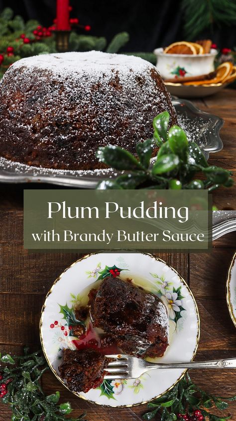 Prepare to be captivated by the fiery spectacle of this traditional flaming plum pudding topped with a brandy butter sauce. Full of candied fruit, brandy, rich flavours and aromatic spices, this festive fruit cake is the embodiment of Christmas. Perfect to serve after Christmas dinner or for a Victorian Christmas inspired feast. Brandy Butter Sauce, Advent Recipes, Yule 2024, Plum Pudding Recipe, Steamed Puddings, English Pudding, Elegant Recipes, Brandy Butter, Dinner Feast