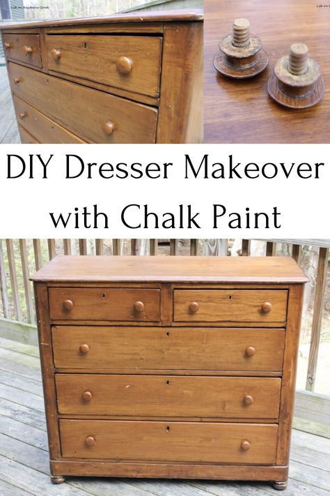 Painted Dresser Before And After, Shaker Dresser Makeover, Stand Up Dresser Makeover, Painted Wooden Dresser, Dresser Paint Colors Ideas, Diy Painted Dresser Ideas Boho, Simple Dresser Makeover, Makeover Dresser Ideas, Brown Dresser Makeover