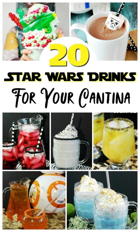 These Star Wars themed drinks will please both kids and adults. They are perfect for your Star Wars party and movie nights. Each of these drinks is simple to make and only needs a few ingredients. Stock your cantina bar and get ready for some time in Tatoooine. | champagneandcoconuts.com #starwars #starwarsparty #starwarsmovienight #starwarsdrinks #drinks #cocktails #mocktails Star Wars Themed Food, Star Wars Drinks, Star Wars Party Food, Disfraz Star Wars, Cocktail Party Drinks, Star Wars Theme Party, Star Wars Food, Party Drinks Alcohol, Cocoa Recipes