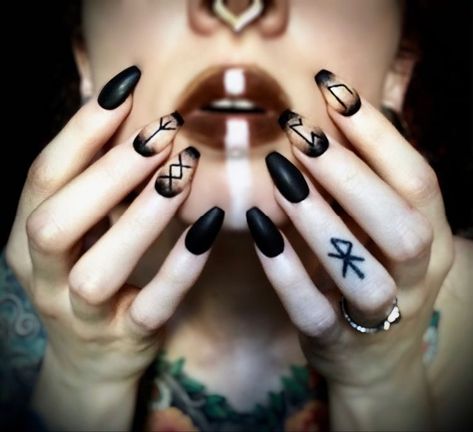 Black Nail Accent, Runes Nail Art, Runic Nails, Nails With Runes, Dark Witchy Nails, Rune Nail Art, Ren Faire Nails, Viking Nails Designs, Viking Nail Art