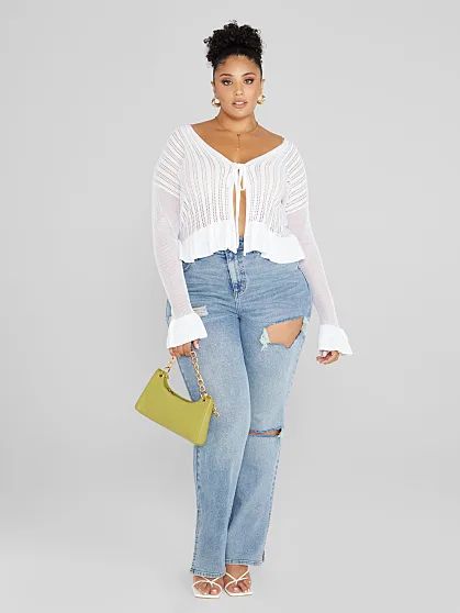 Plus Size Clothing | Fashion to Figure Cropped Crochet Cardigan, High Neck Lace Blouse, Women's Plus Size Jeans, Overall Outfit, Fashion To Figure, Stylish Sweaters, Knit Sleeve, Long Sweaters Cardigan, Plus Size Sweaters