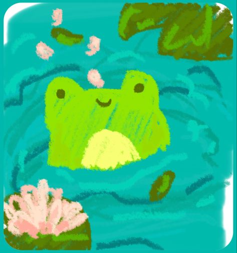 Pond Aesthetic Drawing, Pond Doodle, Cute Frog Doodles Aesthetic, Aesthetic Frog Painting, Swamp Drawing, Noteit Idea, Frog Doodle, Pond With Frogs Drawing, Doodle Aesthetic