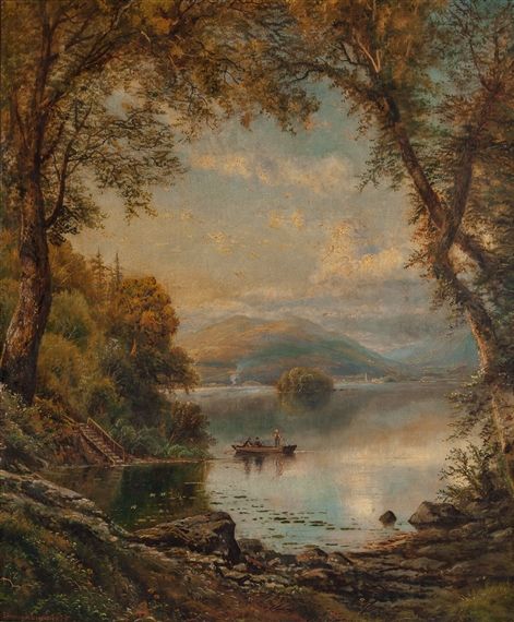 Artwork by Edmund Darch Lewis, Lake Landscape with Fishermen,, Made of Oil on canvas Old Art Aesthetic, Photowall Ideas, Old Artwork, Historical Painting, Lake Landscape, Classic Paintings, A4 Poster, Wow Art, Landscape Artwork