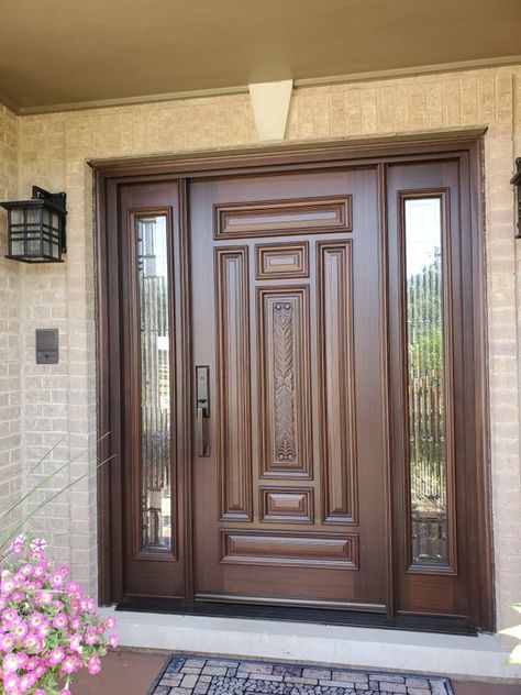 A new door Pro Home installed in Bartlett.  The door is made from mahogany wood and the finish is in walnut.  The glass is a privacy decorative beveled glass. Main Door With Window, Main Door With Window Design, Front Door Design Wood Front Door Design Wood Indian, French Country Front Door Ideas, Wooden Main Door Design Entrance Modern Double, Main Double Door, Front Door Design Wood Modern, Double Door Design Wood, Take Wood Main Double Door Design