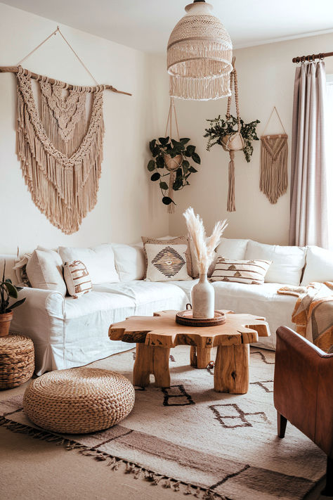 Bohemian and Tribal Decor Ideas for Your Home Eclectic Boho Living Room, Light Colored Sofa, Cozy Boho Living Room, Rustic Wooden Coffee Table, All White Room, Farmhouse Trends, Bohemian Room, Chic Interior Design, Woven Wall Art