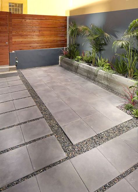 Contemporary concrete and gravel patio Patio Ideas Diy, Gravel Patio Ideas, Concrete Pavers Walkway, Pea Gravel Patio, Patio Seating Area, Concrete Patio Designs, Gravel Patio, Patio Pergola, Stamped Concrete Patio