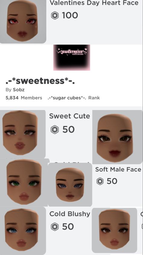 Group : .-*sweetness*-. !!NOT MY GROUP!!, def join the group, they have those face accessories in most colors and most head shapes! Tags #roblox #robloxedit #robloxaccessories #Robloxgroup Berry Avenue Codes Face And Head, Roblox Head Codes, Head Codes, Roblox Head, Code Brookhaven, Roblox Accessories, Roblox Ids, Brookhaven Codes, Preppy Decal