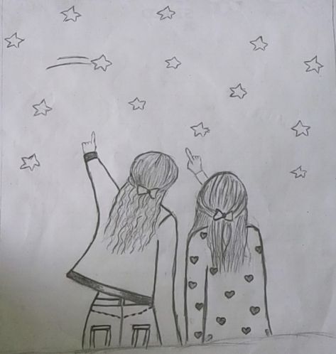 Looking at the stars Sisters Drawing Easy, 2 Sisters Drawing Easy, 2 Sisters Drawing, Two Sisters Drawing, Drawing Easy Cartoon, Sisters Drawing, Looking At The Stars, Easy Cartoon, 2 Sisters