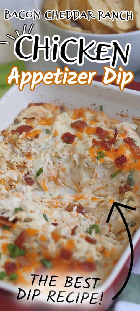 BACON CHEDDAR RANCH CHICKEN DIP is so addicting! This creamy warm appetizer dip is fully loaded and popular with the masses. #crackchicken #crackchickendip #diprecipe #appetizerdip #chickendip Hot Dips With Chicken, Chicken Bacon Ranch Dip Recipe, Chicken Caesar Bacon Dip, Chicken Bacon Dip Recipes, Chicken Bacon Ranch Appetizer, Pulled Chicken Dip, Catch A Man Dip, Chicken Bacon Ranch Dip Cold, Chicken Bacon Ranch Dip Crock Pot