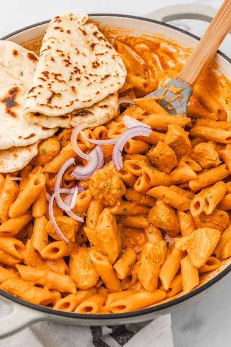 Butter Chicken Pasta, Butter Chicken Sauce, Yogurt Marinated Chicken, Curry Pasta, Butter Chicken Curry, Chicken Sauce, Breakfast For A Crowd, Indian Butter Chicken, Cooked Pasta